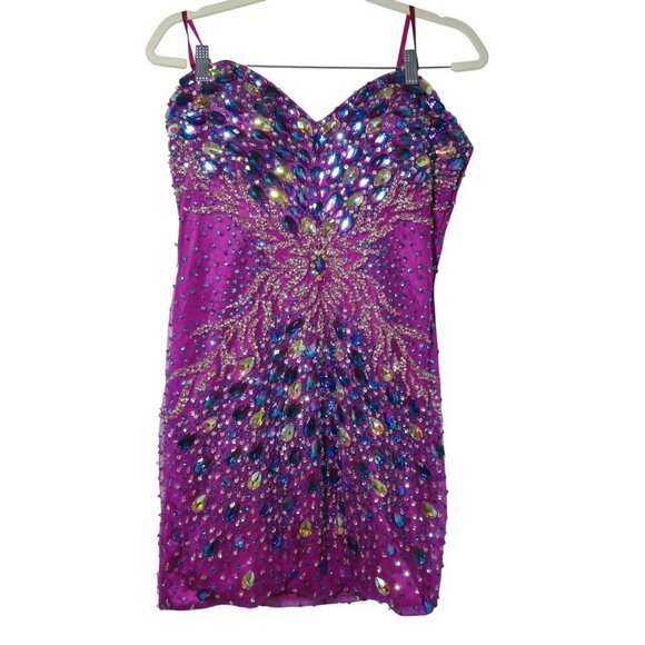 STRAPLESS Embellished L JEWELED Beaded Party Prom Mini Dress Magenta Cocktail - Picture 1 of 11